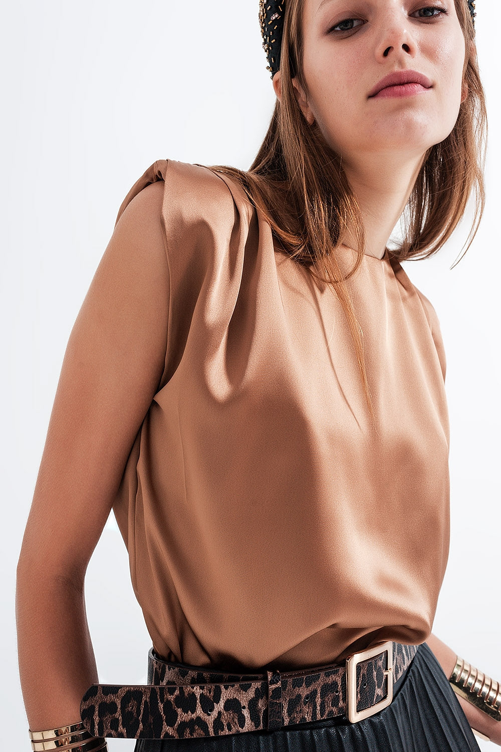 Jessie - Gathered Satin Shoulder Pad Top