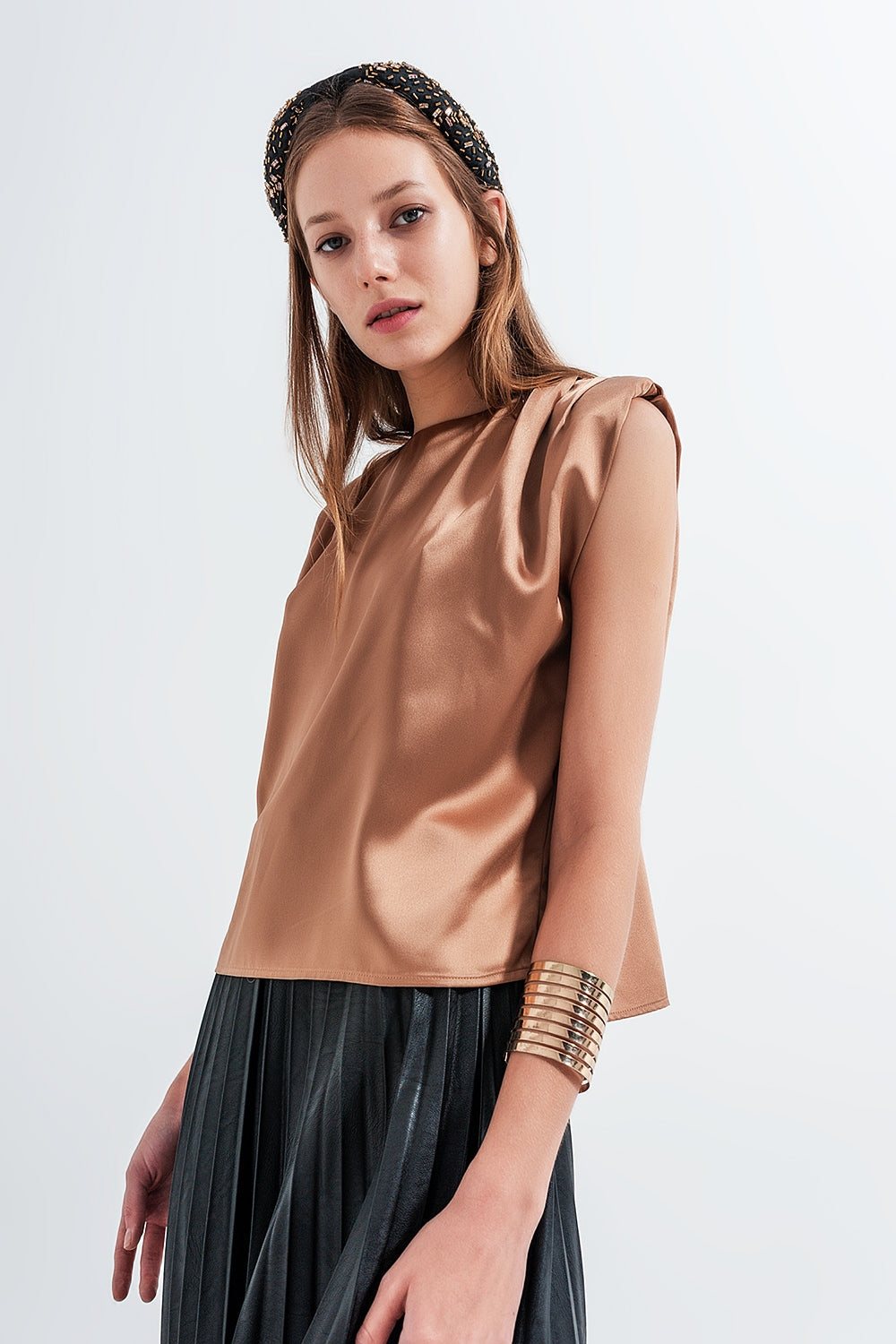 Jessie - Gathered Satin Shoulder Pad Top