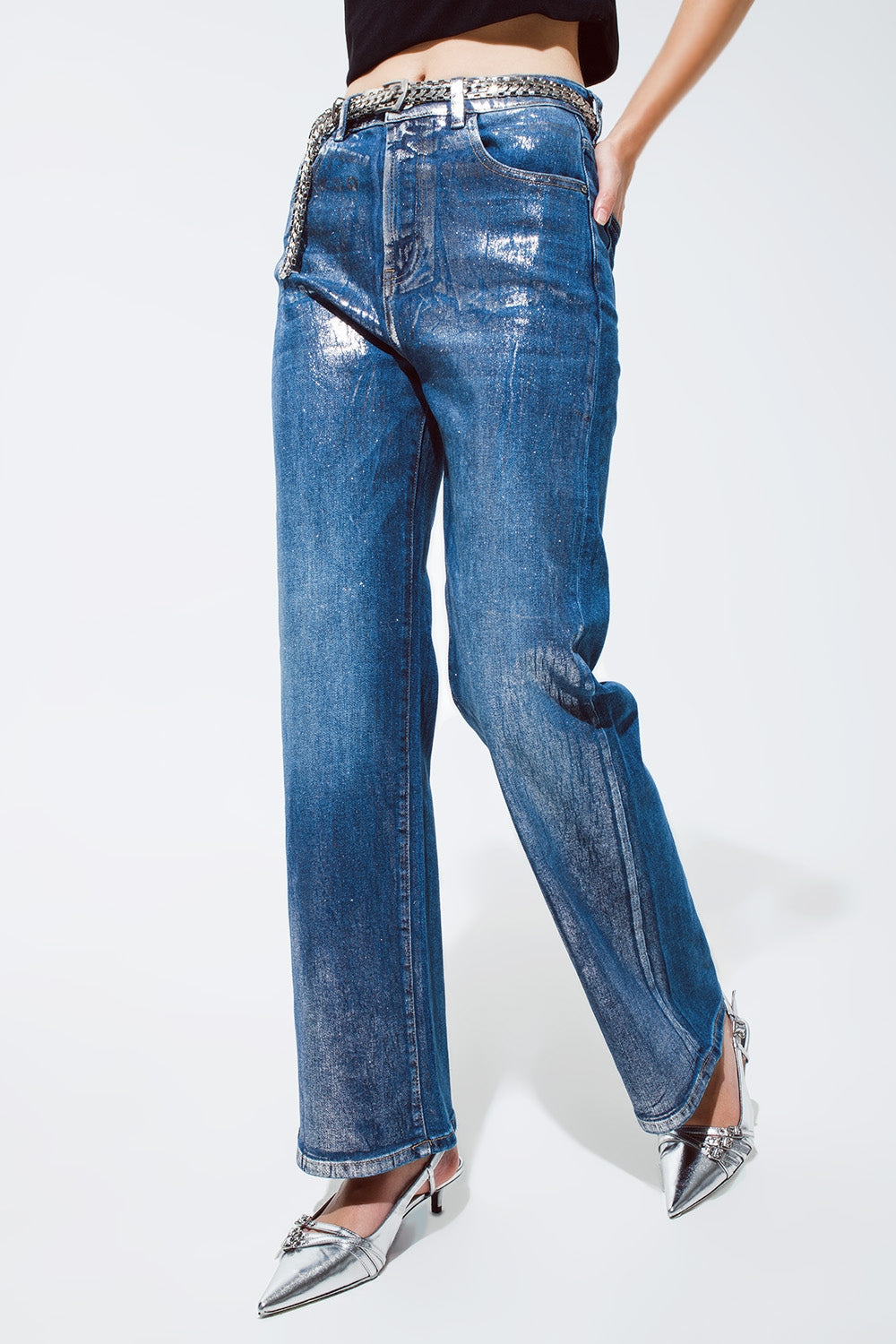 Dori - Silver Metallic Finish Straight Leg Jean