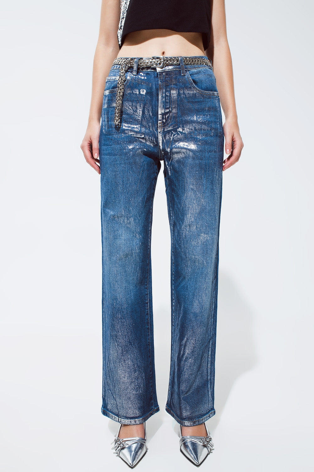 Dori - Silver Metallic Finish Straight Leg Jean